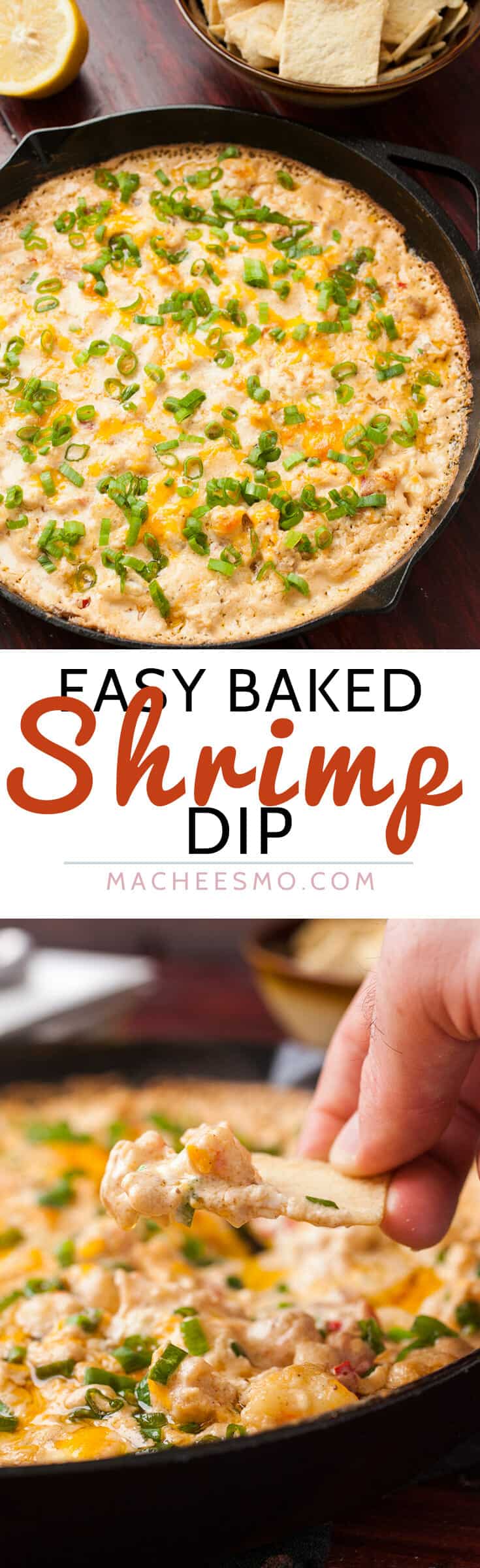 Easy Baked Shrimp Dip: This baked shrimp dip is the perfect warm appetizer. Fresh shrimp baked together with peppers, spices, and some cheese makes for and easy and irresistible appetizer! I baked and served my version right in my cast iron skillet! | macheesmo.com