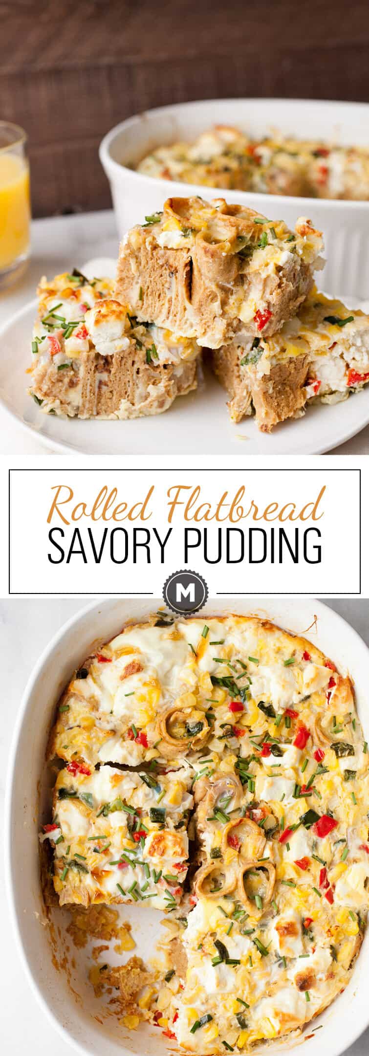 Flatbread Savory Pudding: A perfect, puffy savory pudding made with rolled flatbread chunks, fresh sweet corn, peppers, and big dollops of goat cheese. Perfect for any meal! #sponsored | macheesmo.com