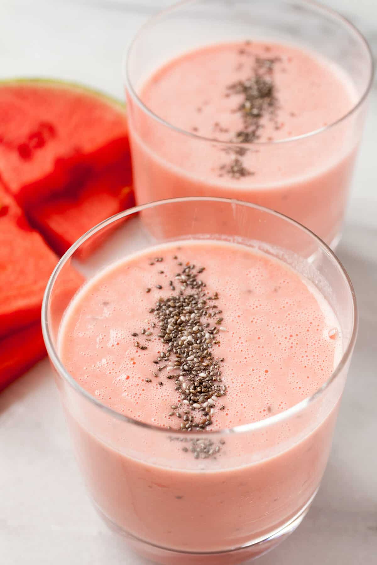 Creamy Watermelon Honey Smoothie: Light and refreshing, watermelon is the perfect base for a quick smoothie. This version gets some extra help from Greek yogurt, chia, and honey. So good! | macheesmo.com