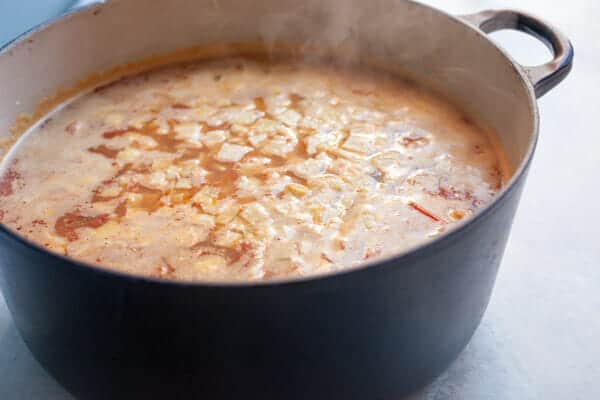 Simmering the black bean tortilla soup
