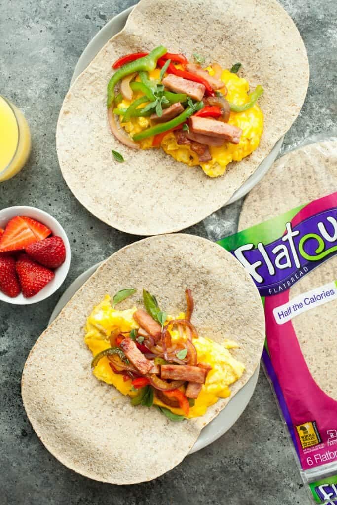 Mile High Breakfast Wrap: Some of my favorite flavors in the classic "Denver" omelet but all tossed together in a Flatout Flatbread Wrap. The perfect way to kick off the day! | macheesmo.com