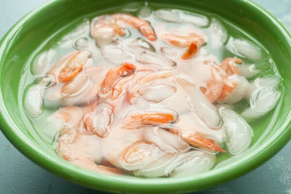 Ice bath for shrimp to stop the cooking.