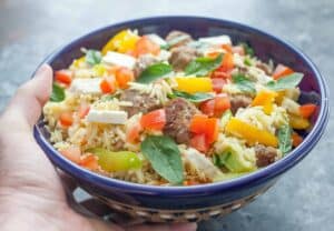 Turkey Meatball Orzo Salad: A light and colorful orzo salad packed with veggies, feta, and homemade turkey meatballs. Great for dinner or lunch! | macheesmo.com