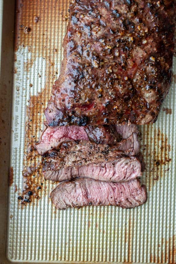 Steak rested and sliced. 
