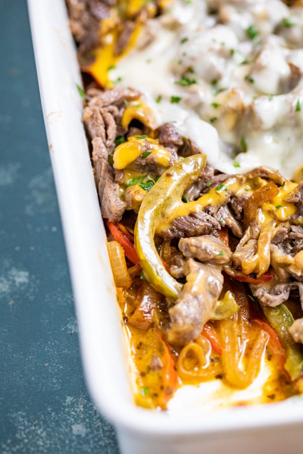 Philly Cheesesteak Casserole in a Dish
