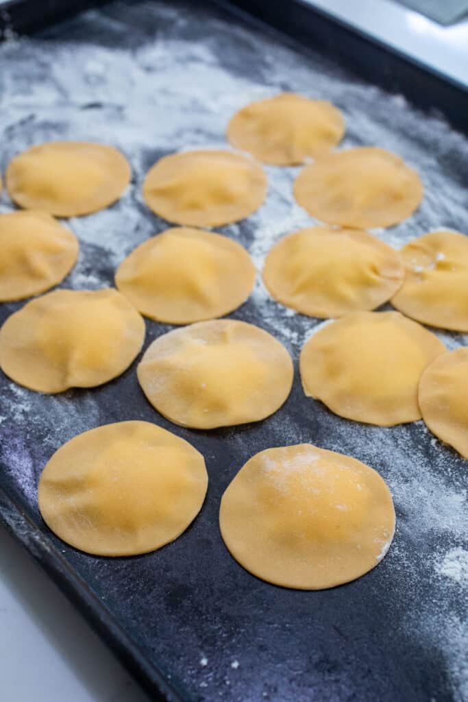 Ravioli ready to cook in boiling water.