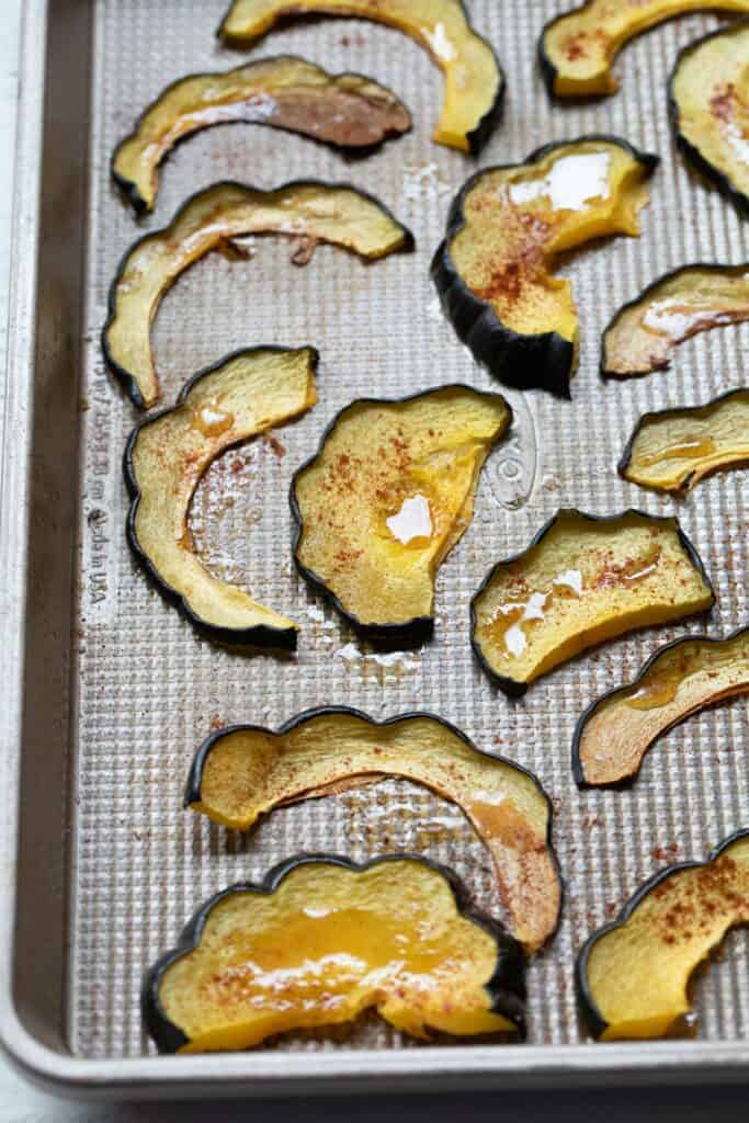 Roasted acorn squash in the oven.