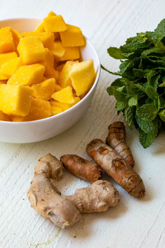 Basic ingredients for mango turmeric smoothie