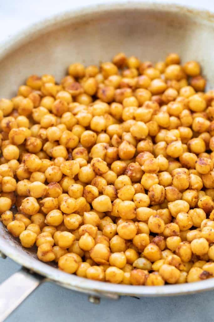Crunchy Chickpeas in a skillet.
