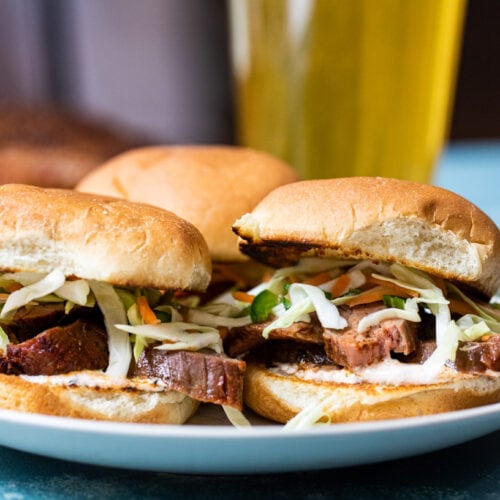 Grilled Flank Steak Sliders with Jalapeno Slaw! The perfect appetizer for your #BigGameBeef gameday table