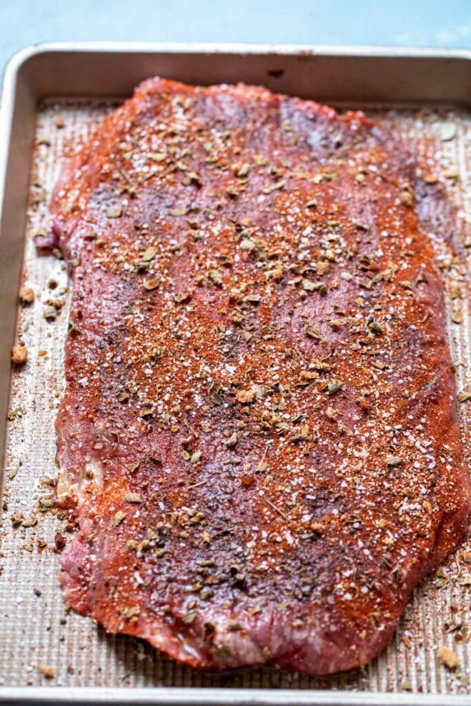 Flank steak dry rubbed.