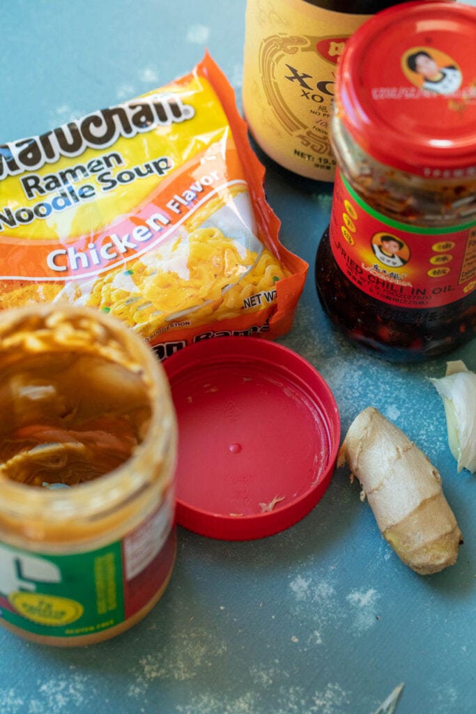 Ingredients for Peanut Butter Noodles in a Jar.