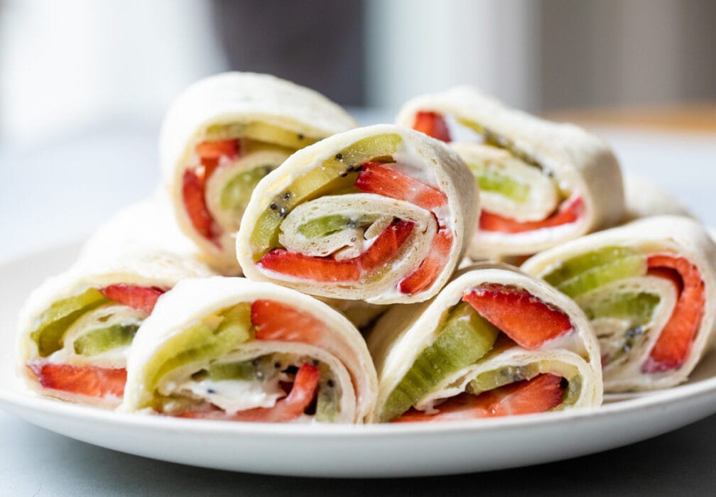 Whipped Cottage Cheese Pinwheels with kiwi and strawberry.