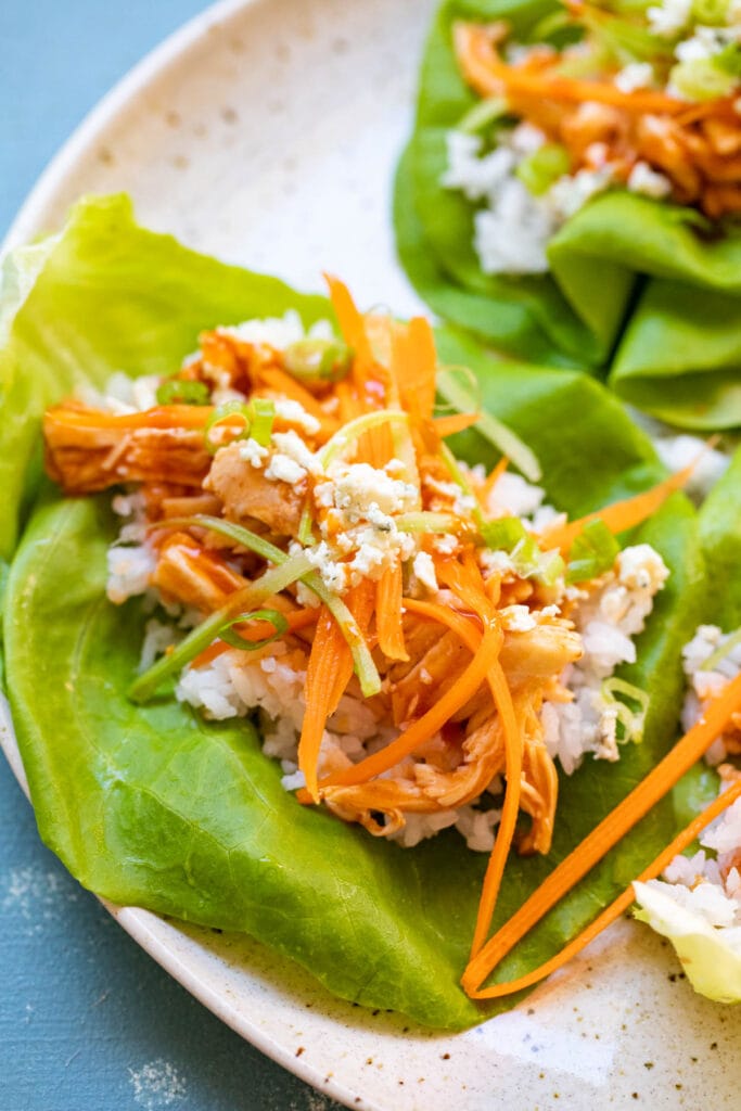 Close up of buffalo chicken lettuce wraps.
