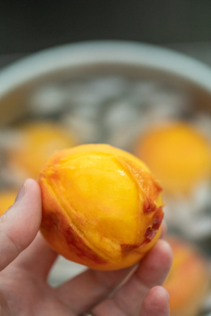 Peeling peaches for sorbet.