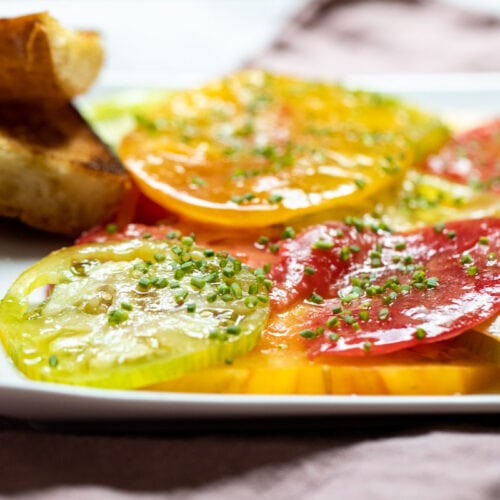 Tomato Crudo on a plate close up.